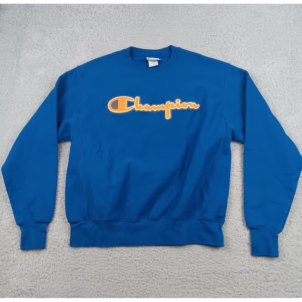 Champion Sweatshirt Reverse Weave Mens L Blue Chenille Script Logo Crewneck